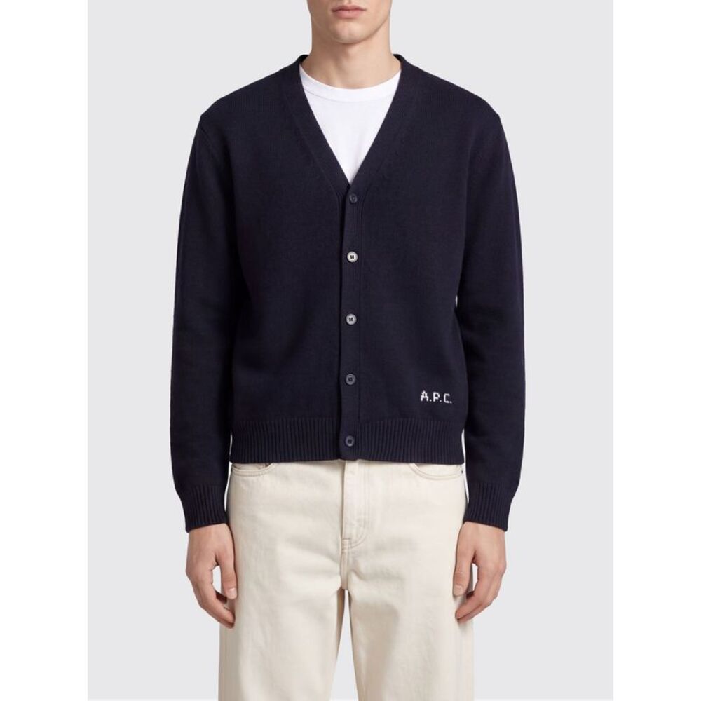 A.P.C. Men V-Neck Pure Wool Cardigan A.P.C. With Contrast Logo
